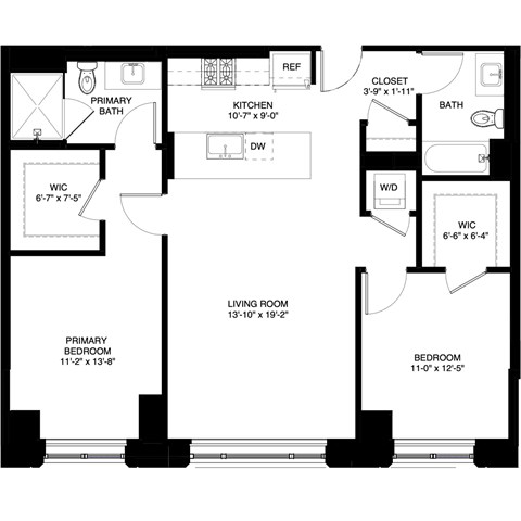 Floor plan for 2 beds, 2 baths, 1170 sqft